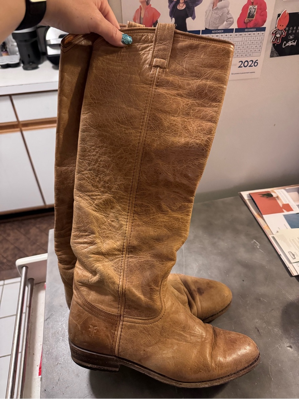 True Vintage Frye Riding Boots Tan Leather Knee High Sz. 9